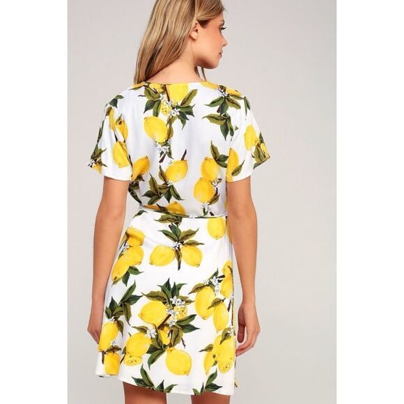 Lulu's Lemon Print Wrap Mini Dress - Picture 9 of 16